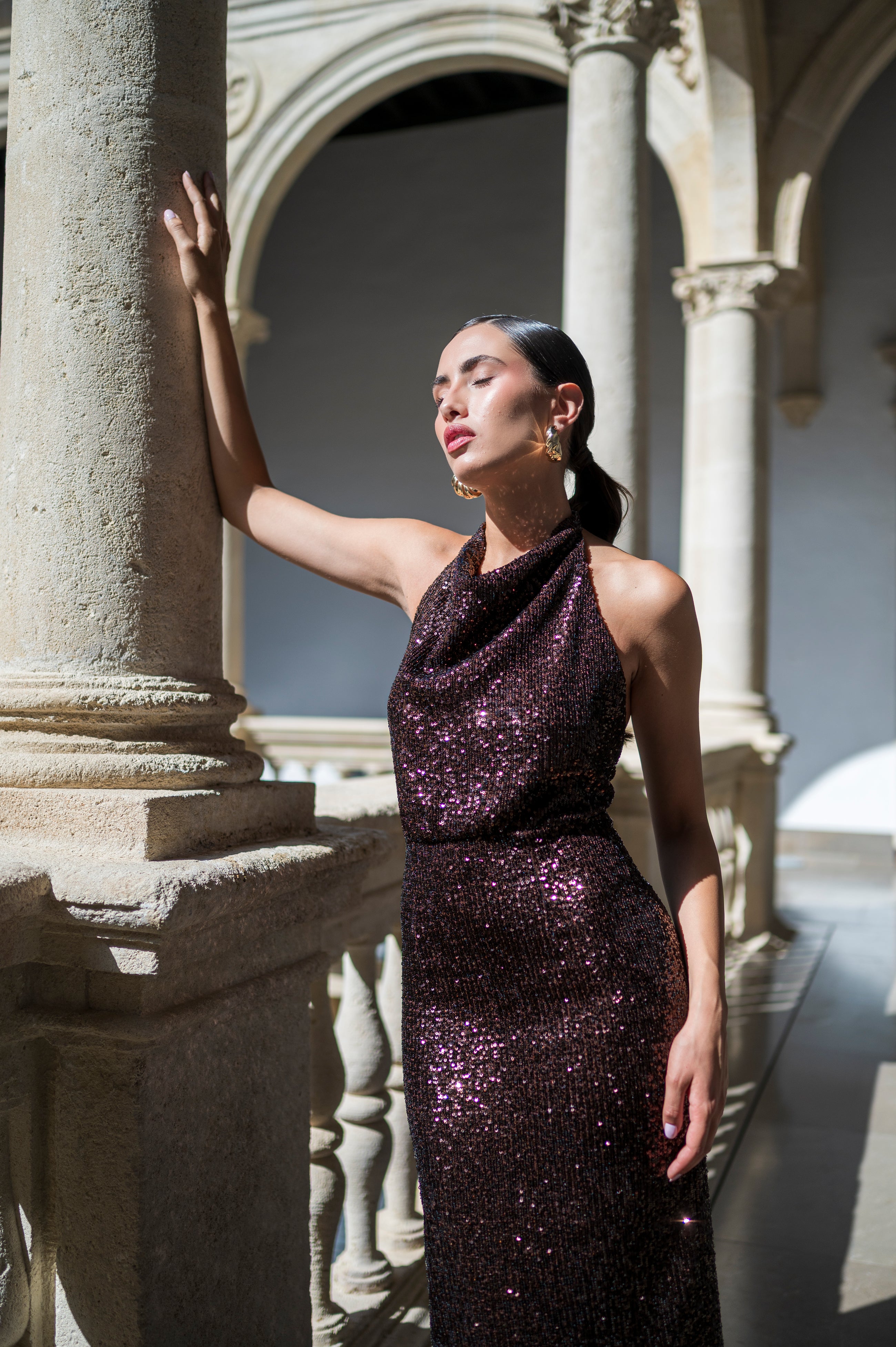 Vestido Balma largo - lentejuelas marrón